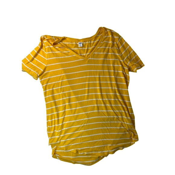 Old Navy Luxe Yellow & White Striped V-Neck Short Sleeve Tee Shirt L Casual - Picture 1 of 4